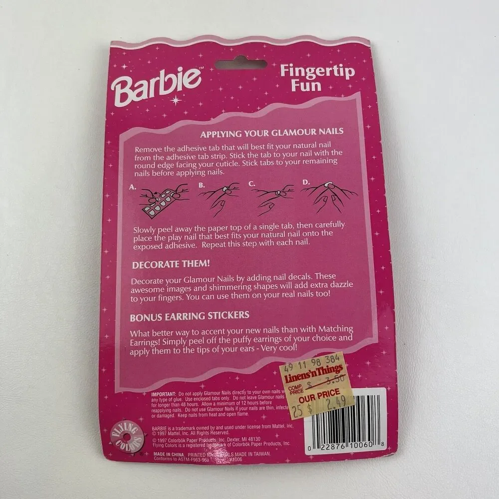 BARBIE Press On Nails Puff Earrings Fingertip Fun Millennial VTG 90s Mattel 1997